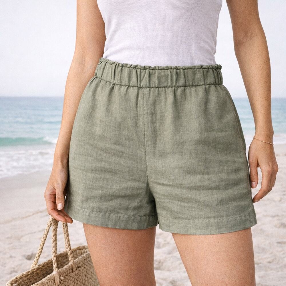 Lou & Grey 100% Linen Pull On Shorts Olive Green Paperbag Waist M Coastal Resort